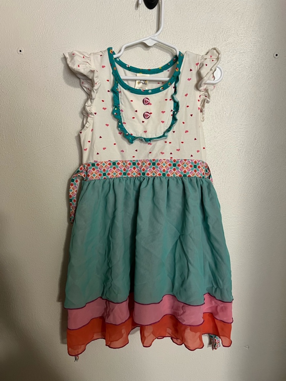 WILDFLOWERS HTF Queen of Hearts Ruffle Layered Tiers Dress Teal Pink Girls Sz 6